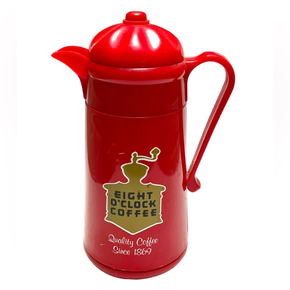 Vtg Eight O'Clock Coffee Carafe Insulated, Red and Plastic Decorative Piece 1989